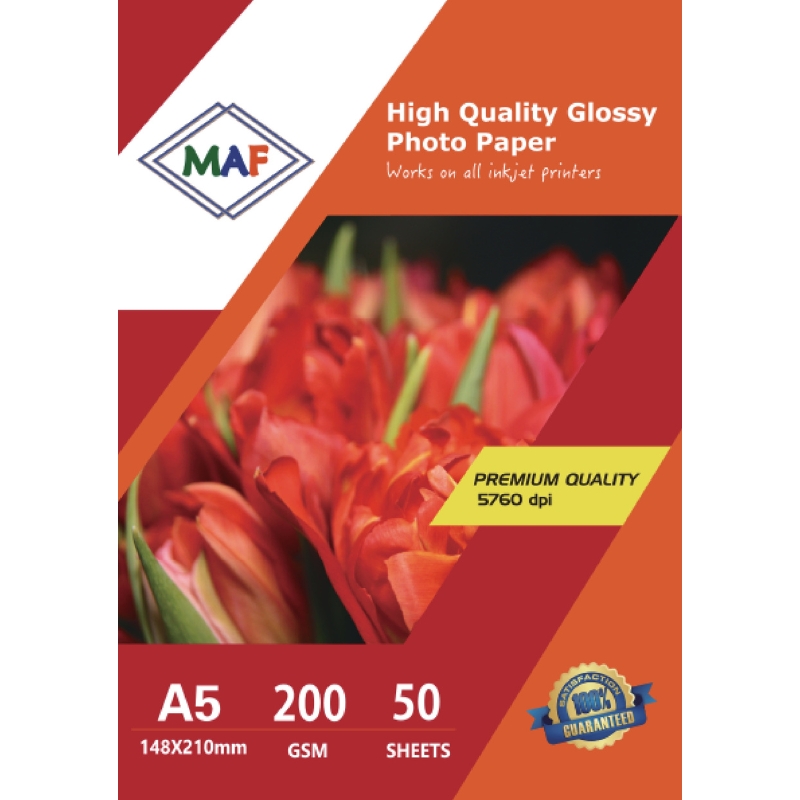 A5 High Quality Glossy Photo Paper  200GSM, 50 Sheets