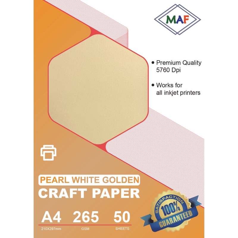 A4 Pearl White Golden Craft Paper 265 GSM, Premium 50 Sheets