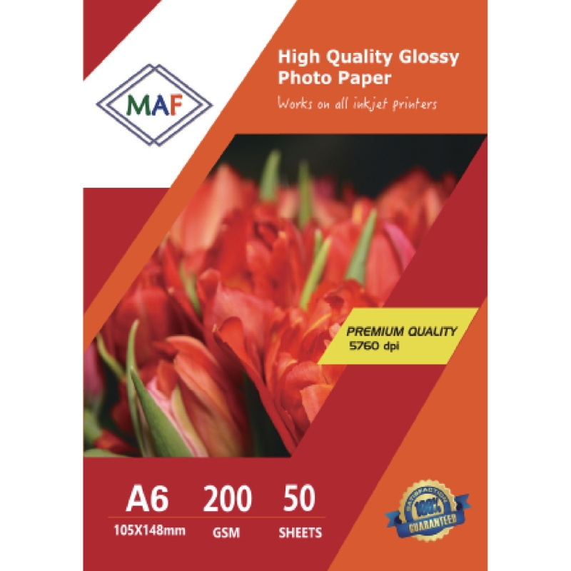 A6 High Quality Glossy Photo Paper  200GSM, 50 Sheets