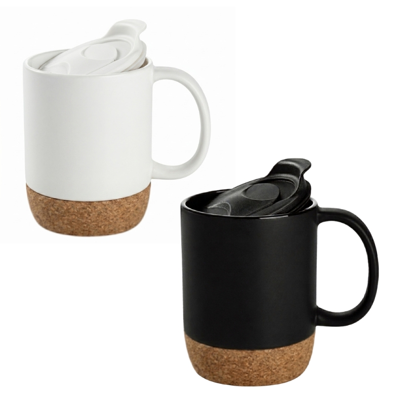 13oz-Sublimation Ceramic Coffee Mug with Cork Base &  Splash-Proof Lid