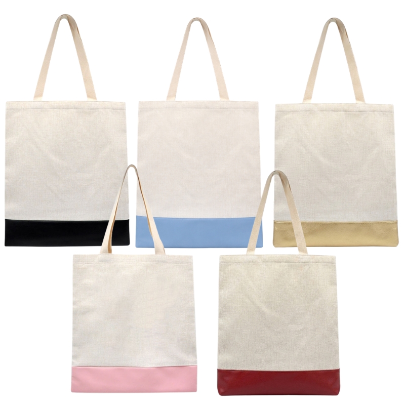Sublimation Linen Tote Bags with PU Leather Bottom