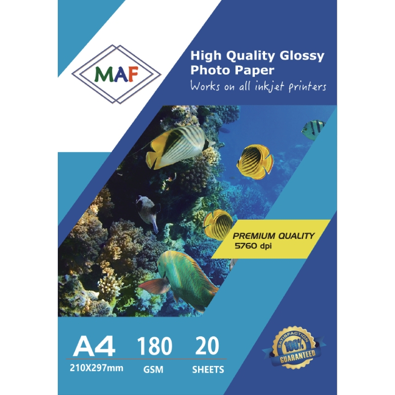 A4 Glossy Photo Paper  180GSM, 20 Sheets for Inkjet Printers,