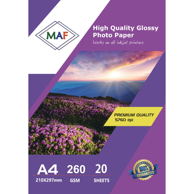 A4 High Quality Glossy Photo Paper  260GSM, 20 Sheets for Inkjet Printers