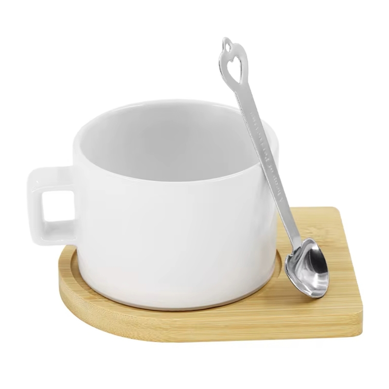 White Ceramic Sublimation Mug with Bamboo Base & Metal Spoon