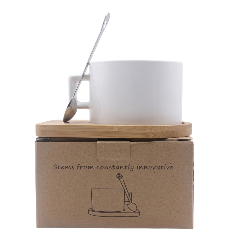 White Ceramic Sublimation Mug with Bamboo Base & Metal Spoon - Gallery
