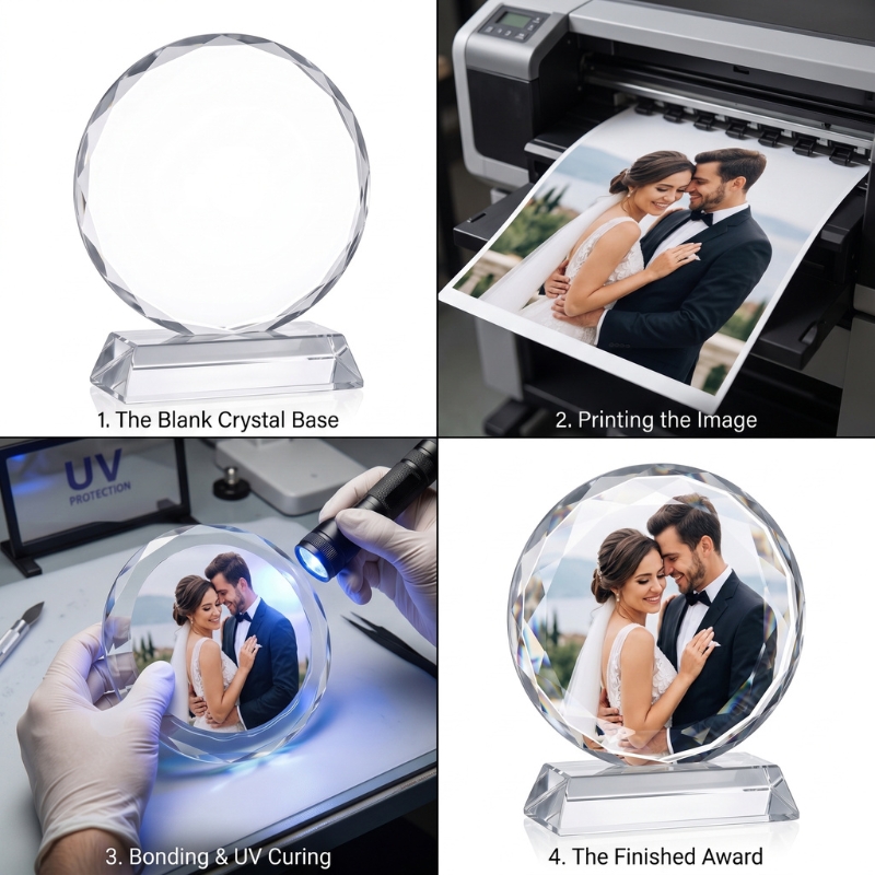 Sublimation Glass Round Shaped Photo Frame with Base - Gallery