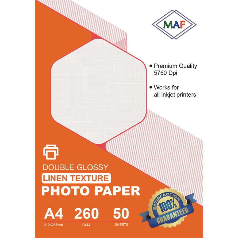 A4 Double Glossy Linen Texture Photo Paper 260 GSM, Premiums 50 Sheets